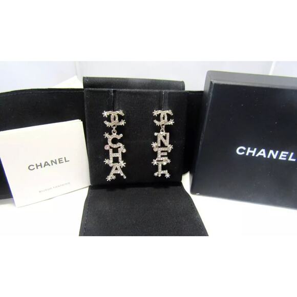 Chanel 23P Pendant Silver Crystal CC Logo Letter Dangle Drop Earrings - Picture 2 of 6